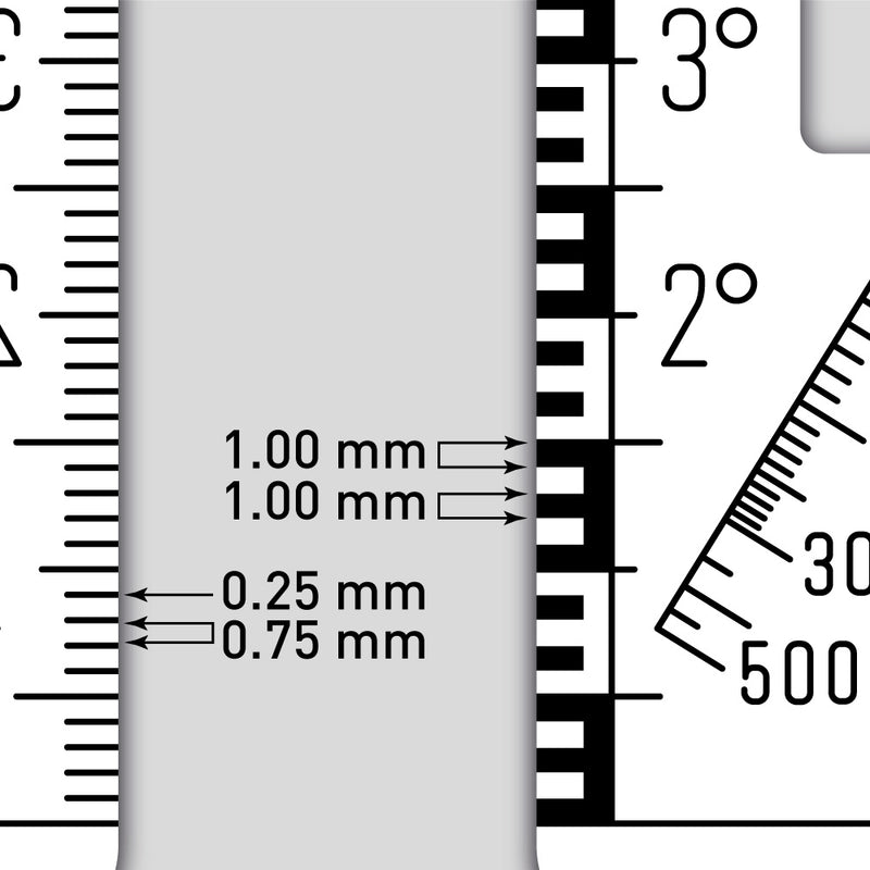 The enhanced Telemeter sighting scale uses blocks instead of lines as scale marks, by filling every other pair of lines with solid color. This increases the width of the smallest element to visually discern from 0.25 mm to 1 mm, which yields a fourfold increase in readability and hence accuracy of measuring results.